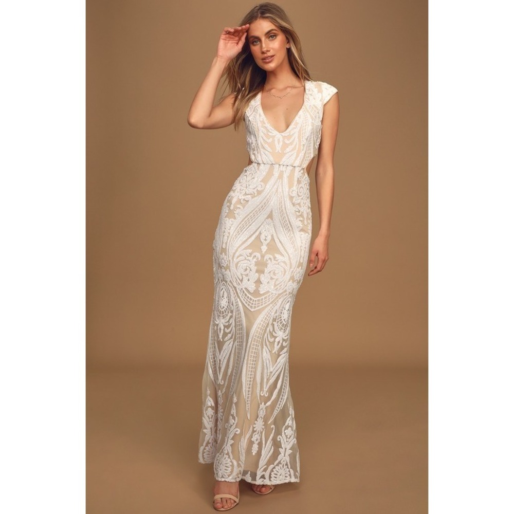 Lulus Always Adored White And Nude Sequin Mermaid Maxi Dress - Size L